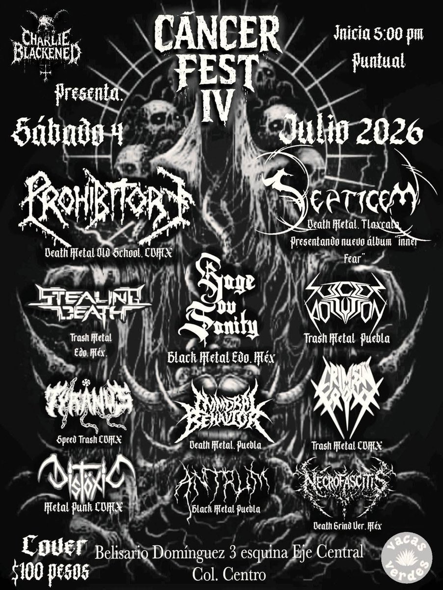 LlamadoBestia's tweet photo. Hoy en el Vacas Verdes se hará el "CÁNCER FEST IV" con la participación de #Prohibitory #Septicem #RageOVSanity #SuicidePollution #ImmoralBehavior y mas bandas. https://t.co/kE5MdRauzl