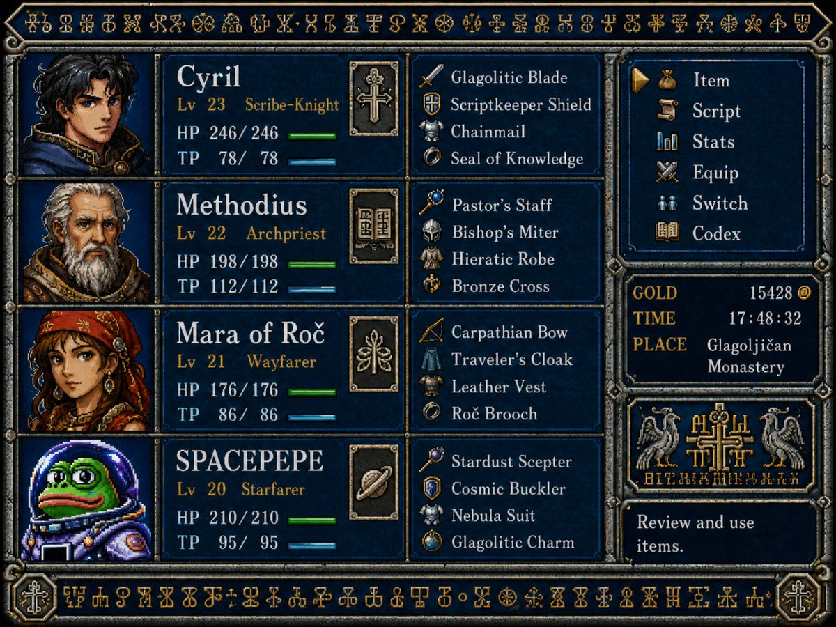 SpacePepeETH's tweet photo. As part of the SPACEPEPE gaming developments, the RPG game GLAGOLJICA will allow you to play across generations and choose characters in your party as inspired by Shining Force and Phantasy Star III, in a 16-bit retro SEGA GENESIS style.

Explore history and preserve Glagolitic! https://t.co/FulJxxOc0D