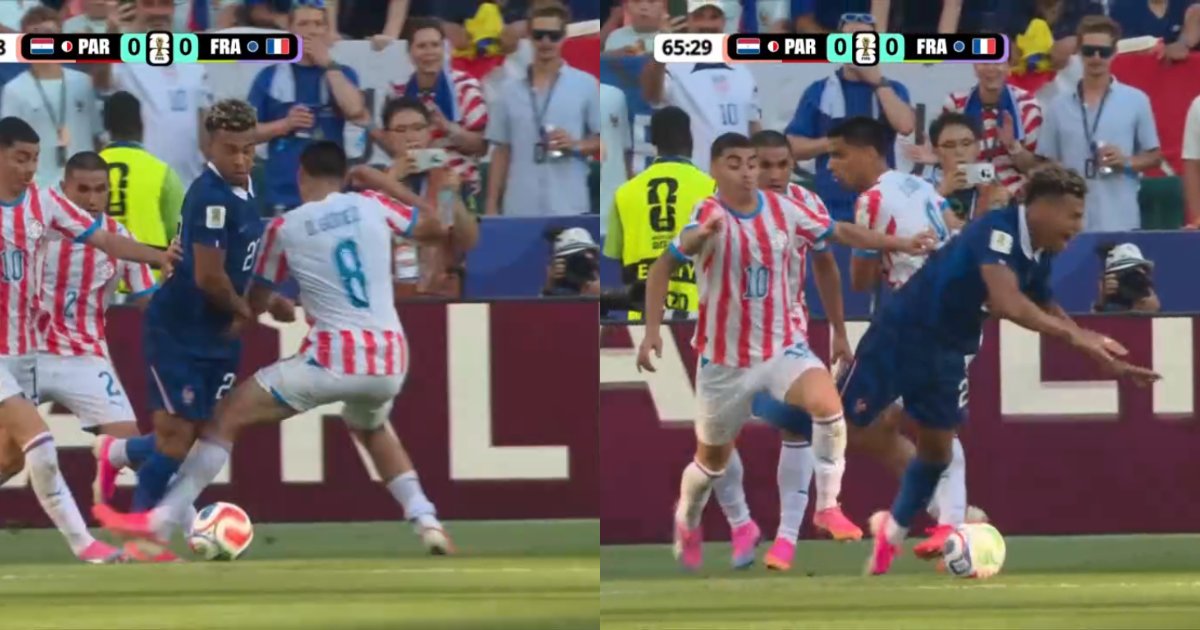 ElVarCentral's tweet photo. ✅ ES PENAL: Imprudencia de Diego Gómez al momento de intentar disputarle el balón a Doue 🇫🇷. Termina haciéndole zancadilla y lo baja cuando estaba regateando. Correcto llamado del VAR Juan Lara para corregir a Tantashev que no había sancionado nada en el momento. https://t.co/6Iawkkug5R