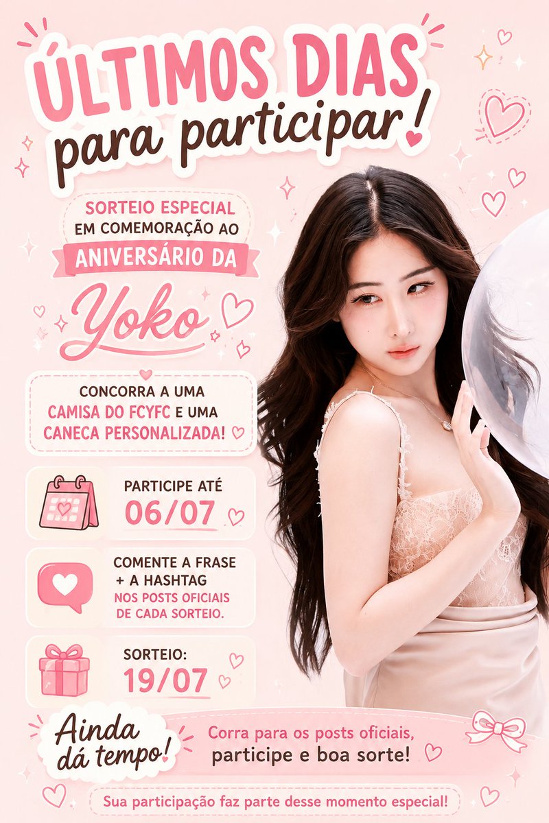 FCYFCoficial's tweet photo. Yobies, a participação de vocês faz toda a diferença!

Se você ainda não participou, é só entrar no nosso perfil e procurar os posts oficiais dos sorteios. É neles que você deve comentar a frase e a hashtag para validar sua participação.

🎉 Em comemoração ao aniversário da Yoko, preparamos dois sorteios especiais:
🎁 Uma camisa do FCYFC
☕ Uma caneca personalizada

📅 Você pode participar até 06/07.
🎊 O sorteio será realizado no dia 19/07.

😊 Ainda dá tempo de garantir sua chance! Esperamos vocês nos posts oficiais.😌

Boa sorte, Yobies! 🤍

#YOKOLunaLusterinBKK
#YokoApasra
#FCYFCOFICIAL #Camisa10