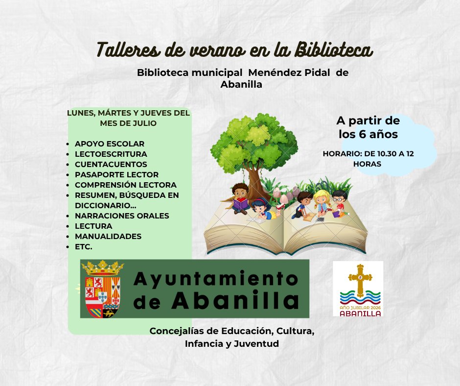 AbanillaAyto's tweet photo. 🌈📖Los lunes, martes y jueves de julio, de 10:30 a 12:00 horas, la Biblioteca te espera con unos talleres de verano pensados para que los más pequeños disfruten aprendiendo.

📖 Lectura,📚 Cuentacuentos,✏️ Apoyo escolar, etc https://t.co/1eIc71uNyw