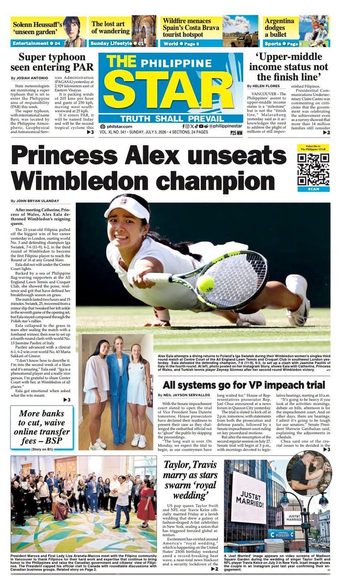 gamesetmtcheala's tweet photo. alex eala on today’s front page of phil star — july 5, 2026 https://t.co/Oz8vIILViX