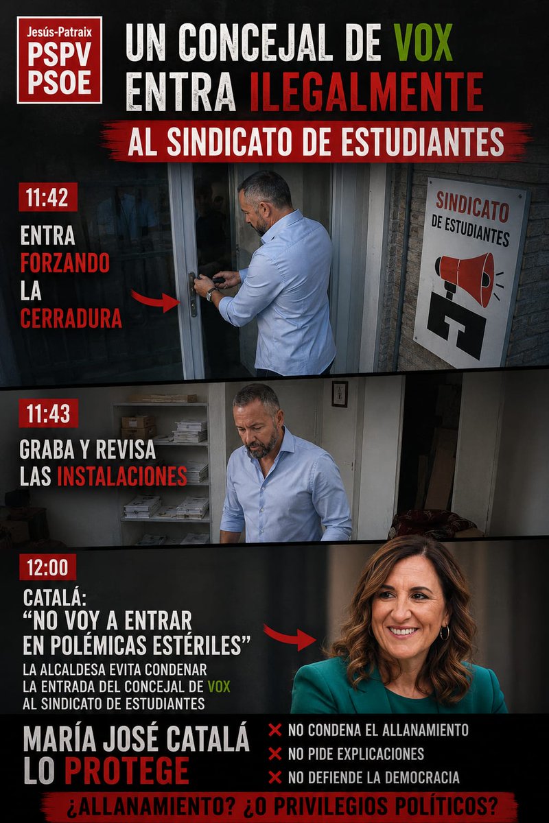 Jesus_Patraix's tweet photo. O sea un concejal de #Vox fuerza la puerta del @Sindic_Estud_PV entra ..graba..El Ayuntamiento de Maria José Catalá del #Pp lo protege y encima quiere abrirles un expediente a l@s Estudiantes y quitarles el local. En manos de quien estamos??? https://t.co/LcVoEC4R5P