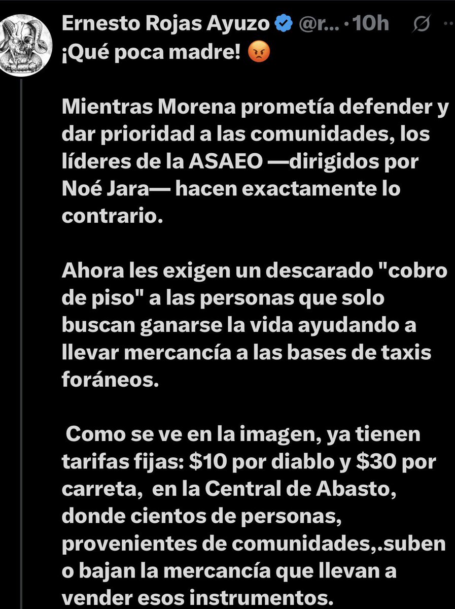 BenjaminRoblesM's tweet photo. Abuso y Corrupción del Cártel de los Jara en la Central de Abastos de Oaxaca

Hoy hablo sobre cómo en la Central de Abastos, el cártel de los Jara ha escalado su control, cobrando hasta por empujar un diablito, sin ley ni derecho, solo por sus nexos con delincuentes. Critico que mientras asfixian al pueblo, premian a sus socios, y denuncio que esto no es la cuarta transformación de Claudia Sheinbaum, sino un retroceso. Hago un llamado a volver la mirada hacia Oaxaca, donde nació el cambio, y exijo que saquen a los Jara del gobierno.