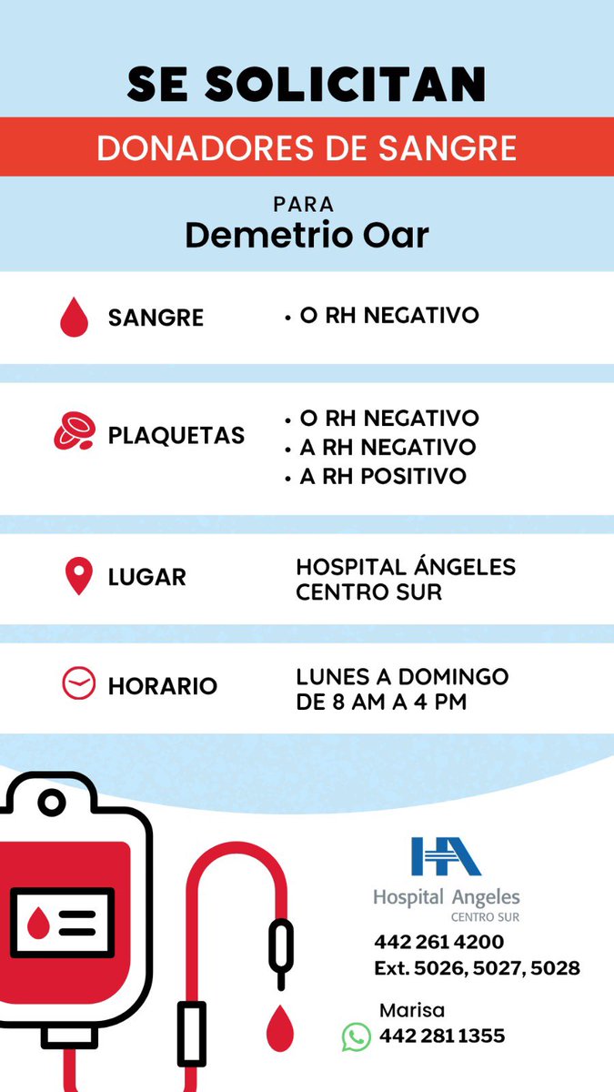 donaenvida's tweet photo. #URGENTE #Querétaro #Sangre O- para Demetrio Oar, en el Hospital Ángeles Centro Sur.
Contactar al: 442 281 1355 con Marisa.

#DonaEnVida https://t.co/YP2Tr7Vcqb