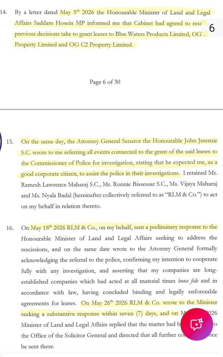 Mystical_Faerie's tweet photo. "Based on Hadeed's affidavit, May 5th they are informed that the Blue Waters Leases are to be rescinded. By June 22nd Hadeed sends a PAPL against the state for their rescinding of leases. 2 days later they are arrested and detained by the TTPS." https://t.co/O81Ov6hnhF