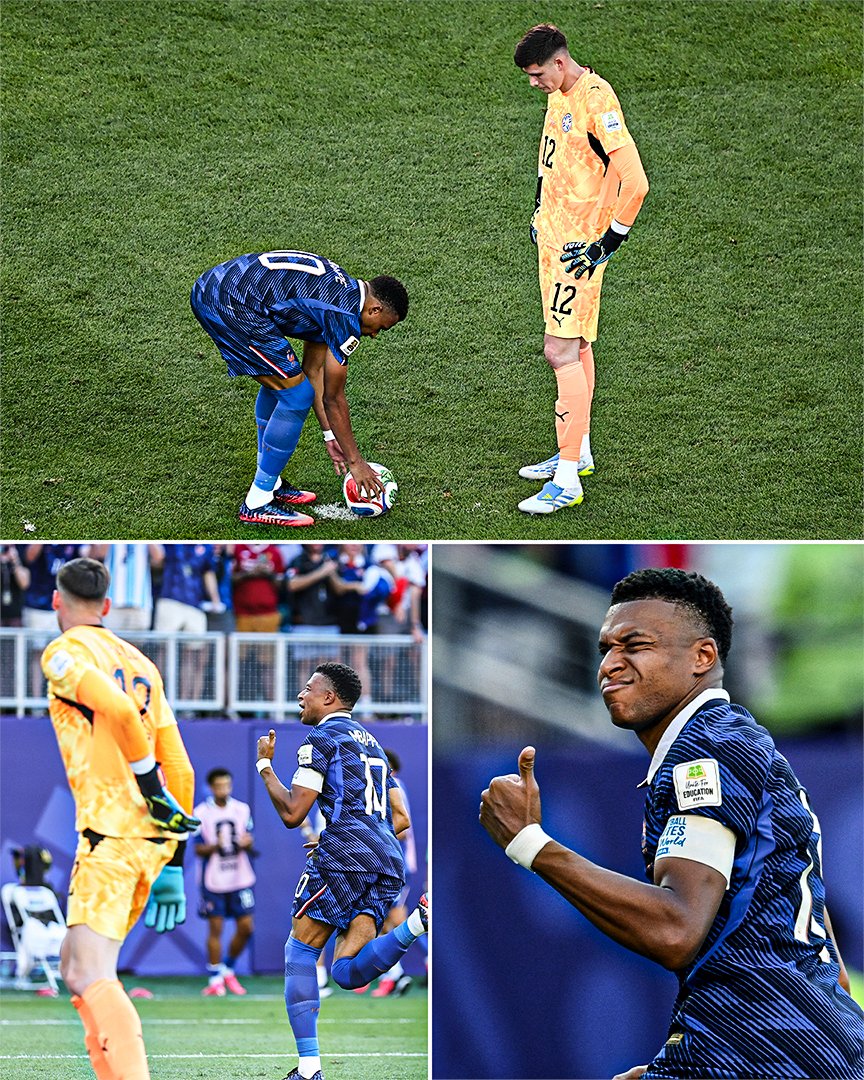ESPNUK's tweet photo. Mbappe hitting this cele after scoring against Paraguay keeper Orlando Gill who tried to put him off his penalty beforehand 😅 https://t.co/0Z6IQABRHi