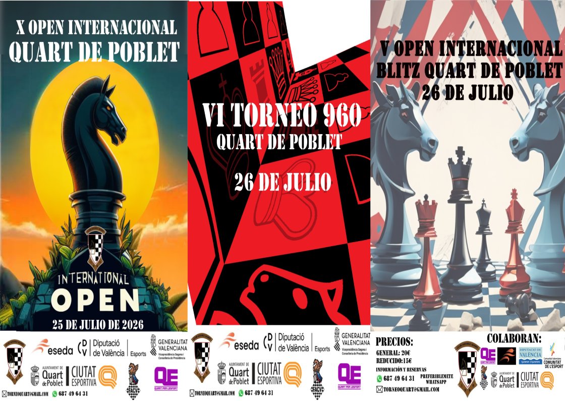 ajedrezquart's tweet photo. V FESTIVAL BLITZ QUART DE POBLET 2026: (Del 25 al 26 Julio)
Ver bases: https://t.co/9w1PdPPs96
25/Julio: X Open Internacional Quart de Poblet 
26/Julio: VI Torneo 960 Quart de Poblet - (Mañana)   
26/Julio: V Open Internacional Blitz Quart de Poblet - (Tarde) https://t.co/B36QF4hsPk