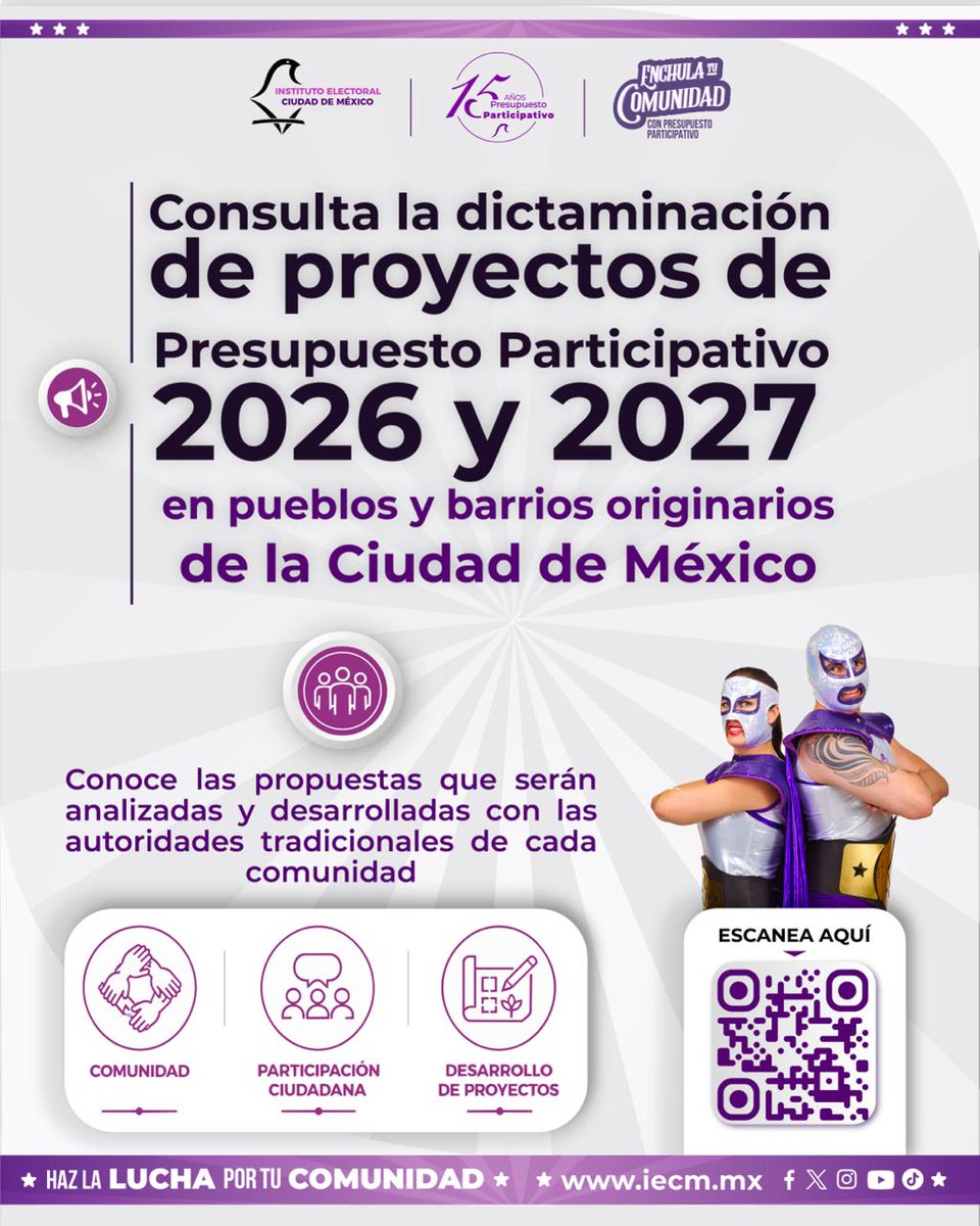 Distrito26_IECM's tweet photo. 📄 Los proyectos de Presupuesto Participativo 2026 y 2027 en pueblos y barrios originarios ya fueron dictaminados.​

Consulta la información y conoce las propuestas presentadas para mejorar las comunidades. https://t.co/EVxSlhcuqF