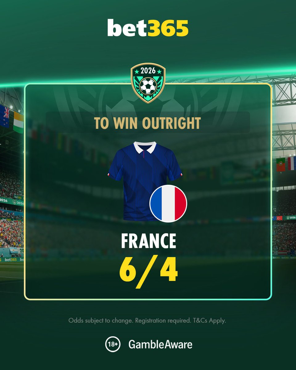 bet365's tweet photo. 🇫🇷 France are 𝟲/𝟰 to win the World Cup.
