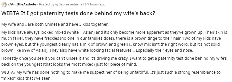 redditisleaking's tweet photo. WIBTA If I got paternity tests done behind my wife’s back? https://t.co/cL6Ef1tvJd