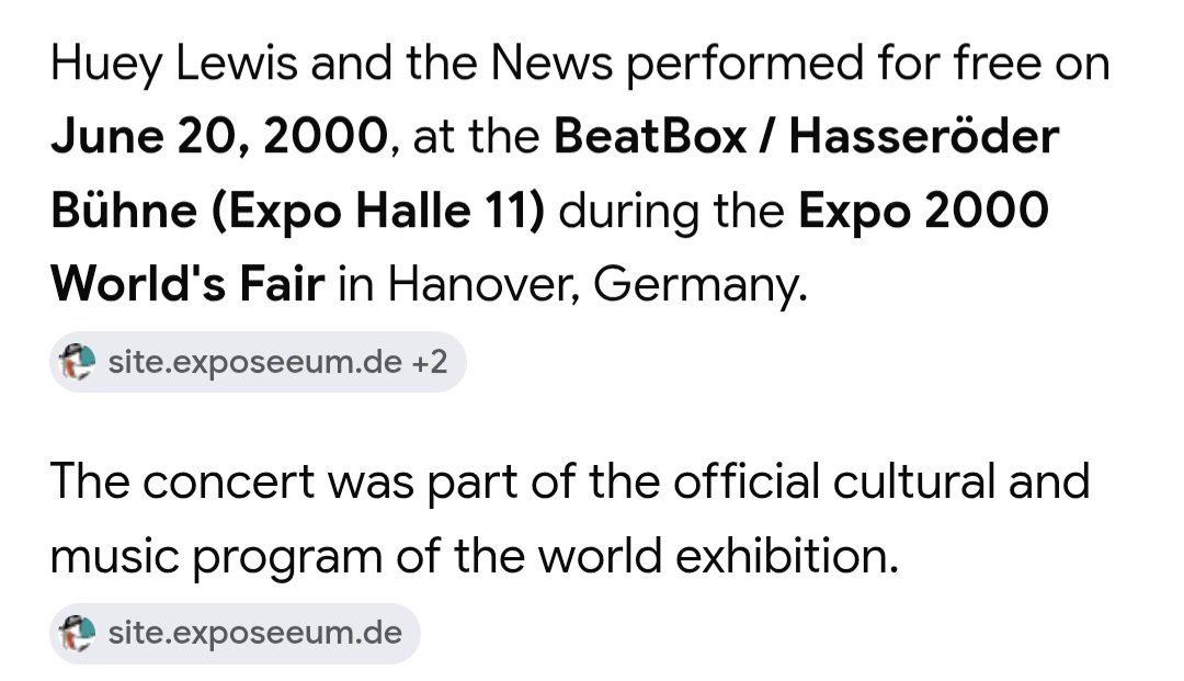 adventure_guide's tweet photo. @LeninPosso1981 @Lady_FanAccount I saw a concert of Huey Lewis and the News at the Expo 2000 World's Fair in Hanover, Germany. 
We had a great time! https://t.co/X4lrRYTw3f