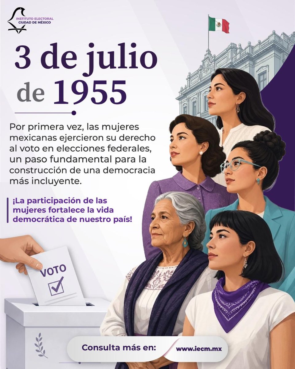 Distrito26_IECM's tweet photo. ✨ El 3 de julio de 1955 las mujeres mexicanas participaron por primera vez en una elección federal. 🗳️🇲🇽​

Una fecha histórica que marcó un avance fundamental para la igualdad y el fortalecimiento de nuestra democracia. 🙋🏻‍♀️ https://t.co/SougrXhuRR