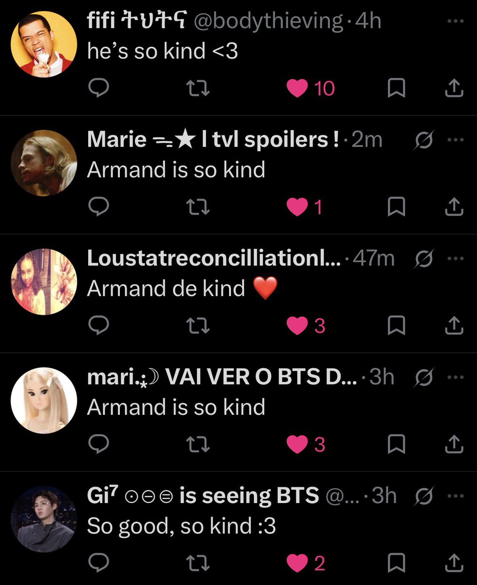 knivesnhoney's tweet photo. pov: armand just did something horrendous and his apologists show up en masse to brainwash you so you don’t have to suffer. armandcels are so kind. https://t.co/itKGd7rHuR