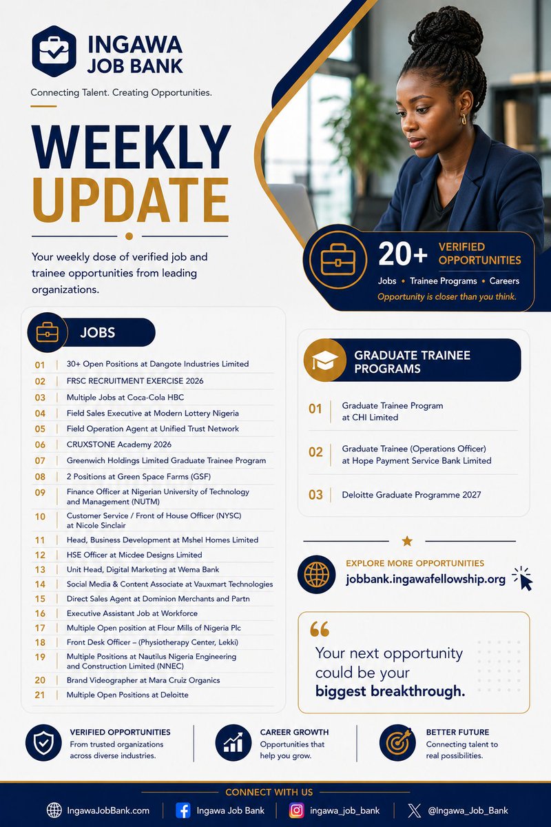 Ingawa_Job_Bank's tweet photo. THIS WEEK'S 
TOP OPPORTUNITIES

Jobs & Graduate Trainee Programs

JOBS  :

• 30+ Open Positions at Dangote Industries Limited
• FRSC RECRUITMENT EXERCISE 2026
• Multiple Jobs at Coca-Cola HBC
• Field Sales Executive at Modern Lottery Nigeria
• Field Operation Agent at Unified Trust Network
• CRUXSTONE Academy 2026
• Greenwich Holdings Limited Graduate Trainee Program
• 2 Positions at Green Space Farms (GSF)
• Finance Officer at Nigerian University of Technology and Management (NUTM)
• Customer Service / Front of House Officer (NYSC) at Nicole Sinclair
• Head, Business Development at Mshel Homes Limited
• HSE Officer at Micdee Designs Limited
• Unit Head, Digital Marketing at Wema Bank
• Social Media & Content Associate at Vauxmart Technologies
• Direct Sales Agent at Dominion Merchants and Partn
• Executive Assistant Job at Workforce
• Multiple Open position at Flour Mills of Nigeria Plc
• Front Desk Officer – (Physiotherapy Center, Lekki)
• Multiple Positions at Nautilus Nigeria Engineering and Construction Limited (NNEC)
• Brand Videographer at Mara Cruiz Organics
• Multiple Open Positions at Deloitte

GRADUATE TRAINEE PROGRAMS :

• Graduate Trainee Program at CHI Limited
• Graduate Trainee (Operations Officer) at Hope Payment Service Bank Limited
• Deloitte Graduate Programme 2027

Click the link below to apply⤵️
https://t.co/0pvkbdUUGw

Kindly share with qualified candidates and recent graduates in your network.