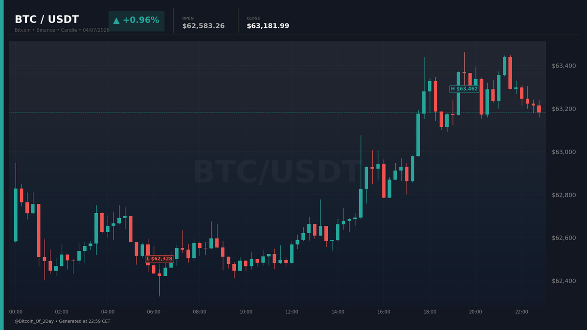 Bitcoin_Of_2Day's tweet photo. 📈 BTC/USDT — 04/07/2026
Open: $62,583.26 | Close: $63,181.99 | +0.96%
Performance of the day 📊

#Bitcoin #BTC #Crypto #Trading https://t.co/XbjgGwEE1I