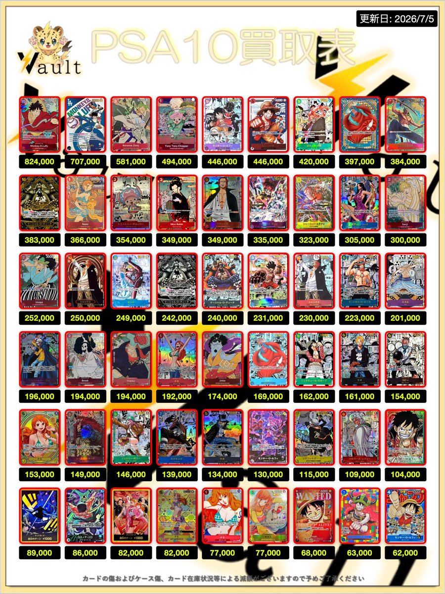 ワンピースPSA10強化買取】⚡️7/5更新 ワンピースPSA10の買取表になり