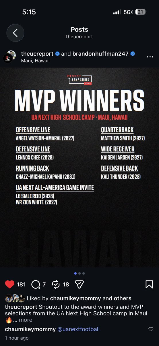 ChazzKapahu3's tweet photo. Honored to be awarded the running back MVP award for the under armor camp in Maui. @UANextFootball @GregBiggins @BrandonHuffman https://t.co/bkbBXj83Vm