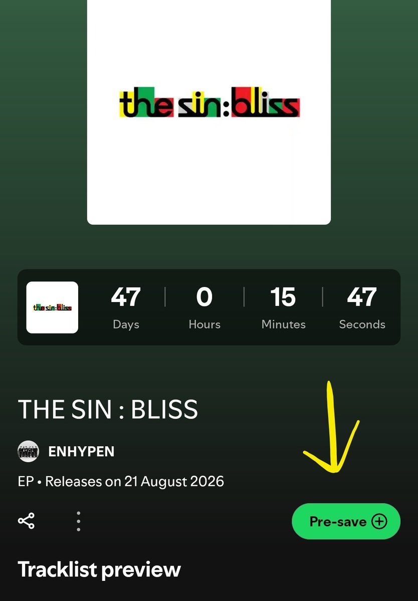 jaeyunabi's tweet photo. GUYS DOUBLE CHECK YOUR PRE-SAVE!!

I just checked mine and idk why it's not saved when i already did it weeks ago 😭

PRE-SAVE ENHYPEN THE SIN : BLISS
(https://t.co/paYo7Bupoz) https://t.co/oBgRj9UvoW
