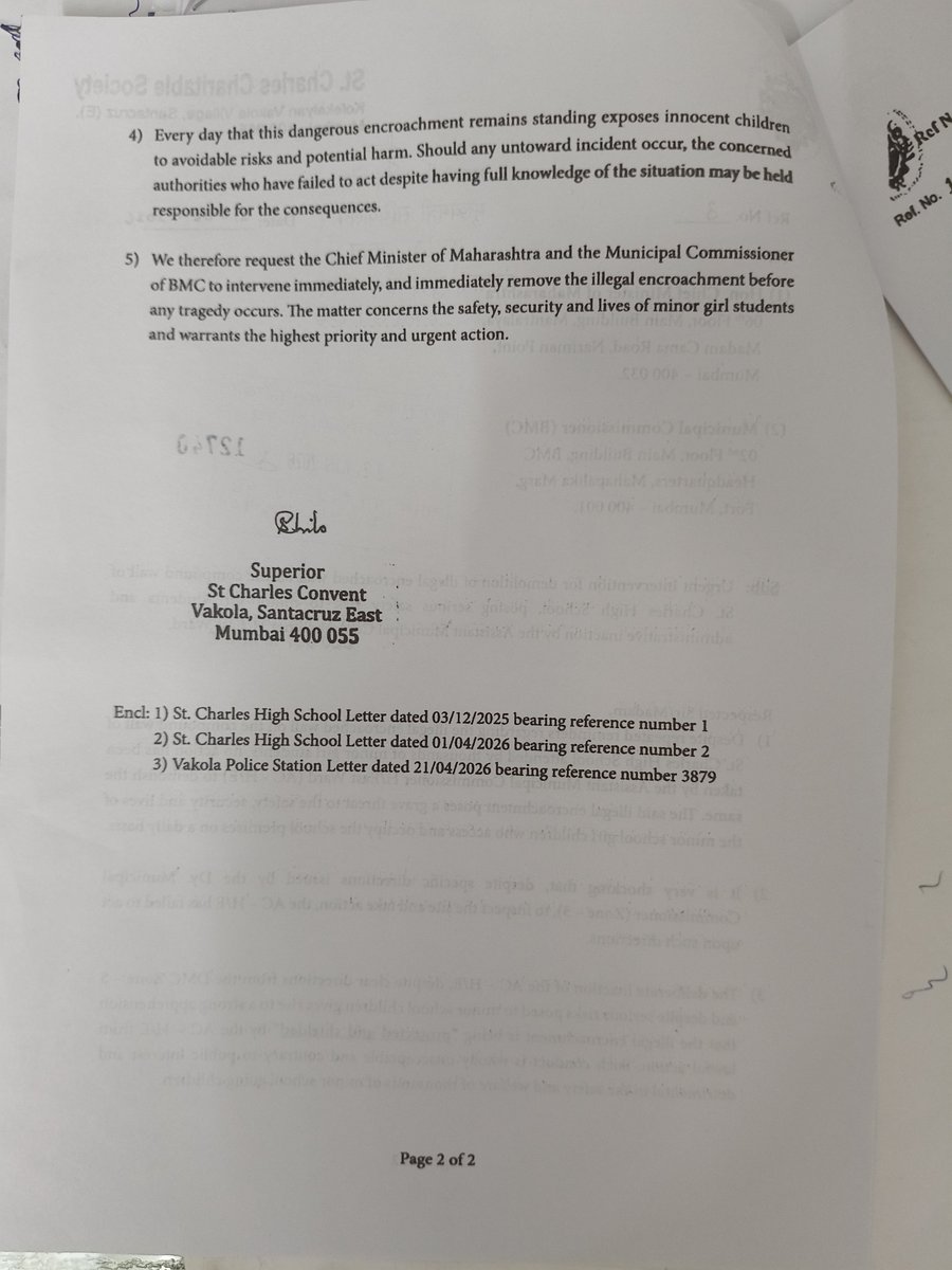 MelwynF55275571's tweet photo. BMC MARG COMPLAINT No. HE_ 202600037725 dated 07/06/2026 at 09.19 hours

Letter signed by Superior of St.Charles Convent Girls School, Vakola dated 21st June, 2026 to Chief Minister &amp; Municipal Commissioner Complaining Encroachments of School Compound wall @mybmc @CMOMaharashtra https://t.co/omI8ZdDaAg