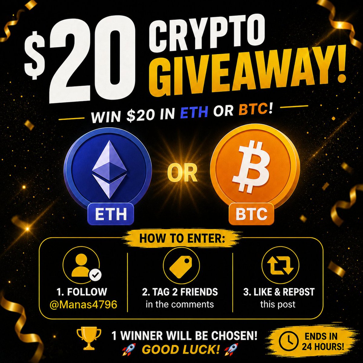 Manas4796's tweet photo. 🎉 $20 Crypto Giveaway (BTC or ETH) 🎉

💸 1 Winner — $20 in BTC or ETH (your choice)

To enter:
✅ Follow @Manas4796
🔁 Like &amp; Repost
👥 Tag 2 friends in the comments
⏰ Ends in 24 hours.
🍀 Good luck everyone! https://t.co/c0uDP1ufnb