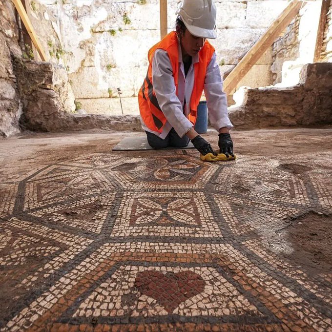 TamgaSanat's tweet photo. İzmir'deki Smyrna Antik Kenti'nde ortaya çıkarılan yaklaşık 1500 yıllık mozaikte yer alan geometrik ve bitkisel motifler, Geç Antik Çağ'ın mimari anlayışı, sanat geleneği ve kent yaşamına ilişkin önemli ipuçları sunuyor. https://t.co/SV7TLueHOm
