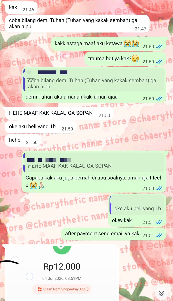 chaerythetic's tweet photo. pernah ga kalian dapet notif kaya gini😭 maaf awalnya aku ketawa karna lucu aja ketikan kakanya, tapi abis tuh sedih ya, kaya in this economy susah buat percaya ke orang ya kadang kta udah percaya eh taunya merekanya yg ga amanah, isokeii kakk I feel u, semangat pejuang rupiah 🫂 https://t.co/yJuyK5Gkns