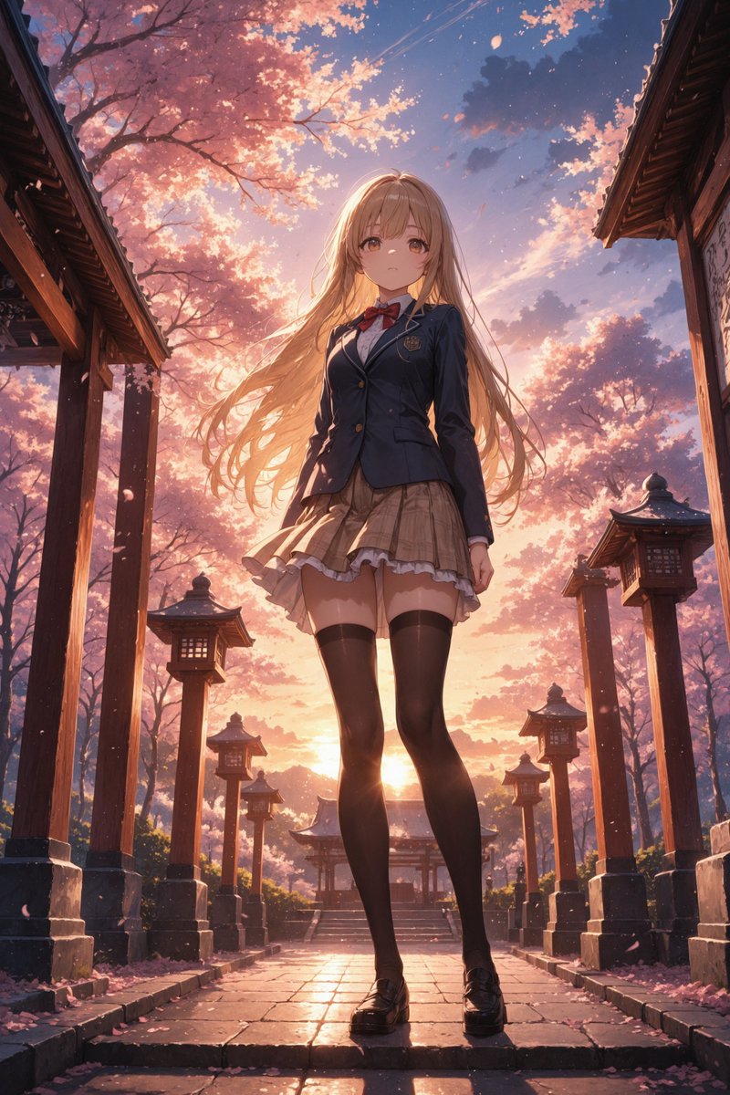 i214's tweet photo. 鳥居の下、桜舞う春 — 真昼の制服姿が夕暮れの光に包まれて、まるで一枚の絵のように美しい。
Beneath the torii gate in cherry blossom spring — Mahiru in her school uniform, wrapped in dusk light like a painting come to life.

#ShiinaMahiru #お隣の天使様 #真昼 #animegirl #sakura https://t.co/yO2cxnoIma