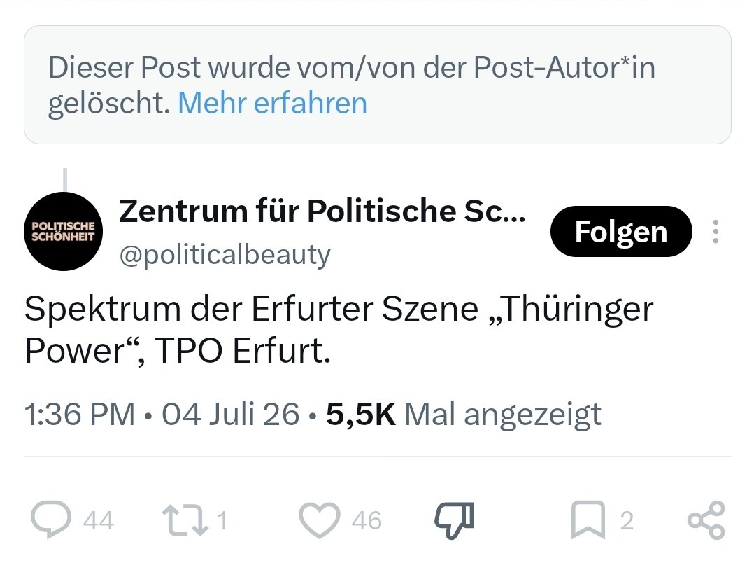 unblogd's tweet photo. Das 'Zentrum für Politische Schönheit' wollte anhand des Shirts einen der Angreifer gegen einen Journalisten von Apollo News der rechtsextremen Szene zuordnen. Also wäre fast das passiert, wovor die table-Briefing Journalistin vorgestern gewarnt hat – ein Angriff unter falscher Flagge.

Gestern wurde aber schon recherchiert: Das Shirt ist von FSBN, also keine rechtsextreme Szenemarke, sondern New Yorker. Deswegen hat das ZPS den Post auch wieder gelöscht.

Sie versuchen es mit allen Mitteln die schlechten Bilder aus den eigenen Reihen zu unterdrücken: Entweder komplett ignorieren oder ablenken. Blöd für sie, dass das direkt aufgeflogen ist.