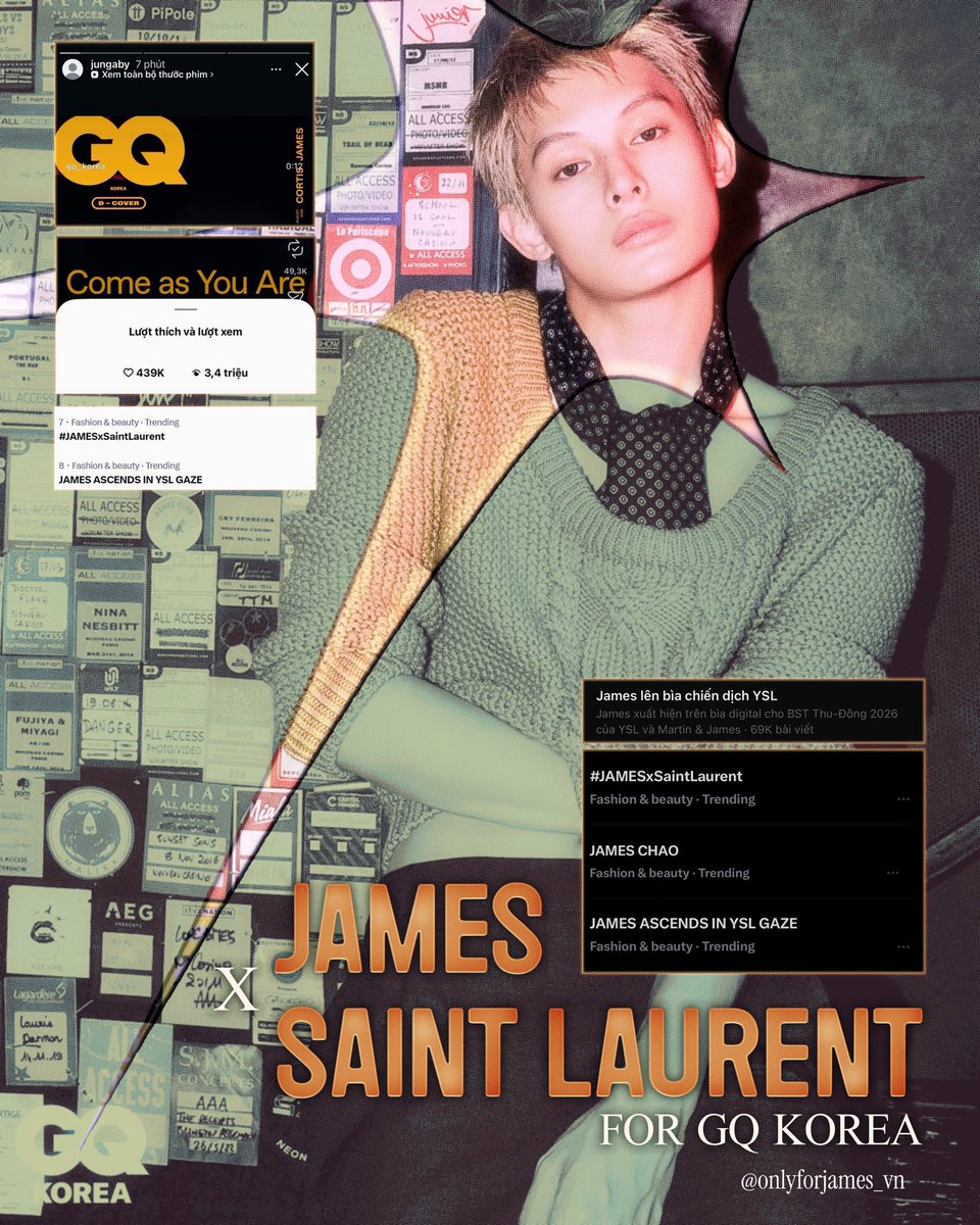 ofjvn_'s tweet photo. 📊 DATA | JAMES x SAINT LAURENT FOR GQ KOREA 📊

Following Paris Fashion Week, James returned with a new image through his collaboration with GQ Korea, embracing the spirit of “Come as You Are.”

The collaboration quickly gained attention across social media. JAMES ASCENDS IN YSL GAZE and #JAMESxSaintLaurent reached #8 and #7 on Vietnam Trending, while both keywords, along with JAMES CHAO, continued to appear in Fashion & Beauty Trending.

James’ solo Reel on GQ Korea surpassed 3.4M views and 439K likes, and was also shared on the Instagram Story of Saint Laurent Korea’s Marketing Communications & Celebrity Relations Director (Korea & APAC).

On Threads, the topic “James for the YSL campaign cover” also surpassed 69K posts.

With every appearance, James continues to leave his mark in the fashion industry. 

JAMES ASCENDS IN YSL GAZE   

#JAMESxSaintLaurent #SaintLaurentSS27 
@YSL