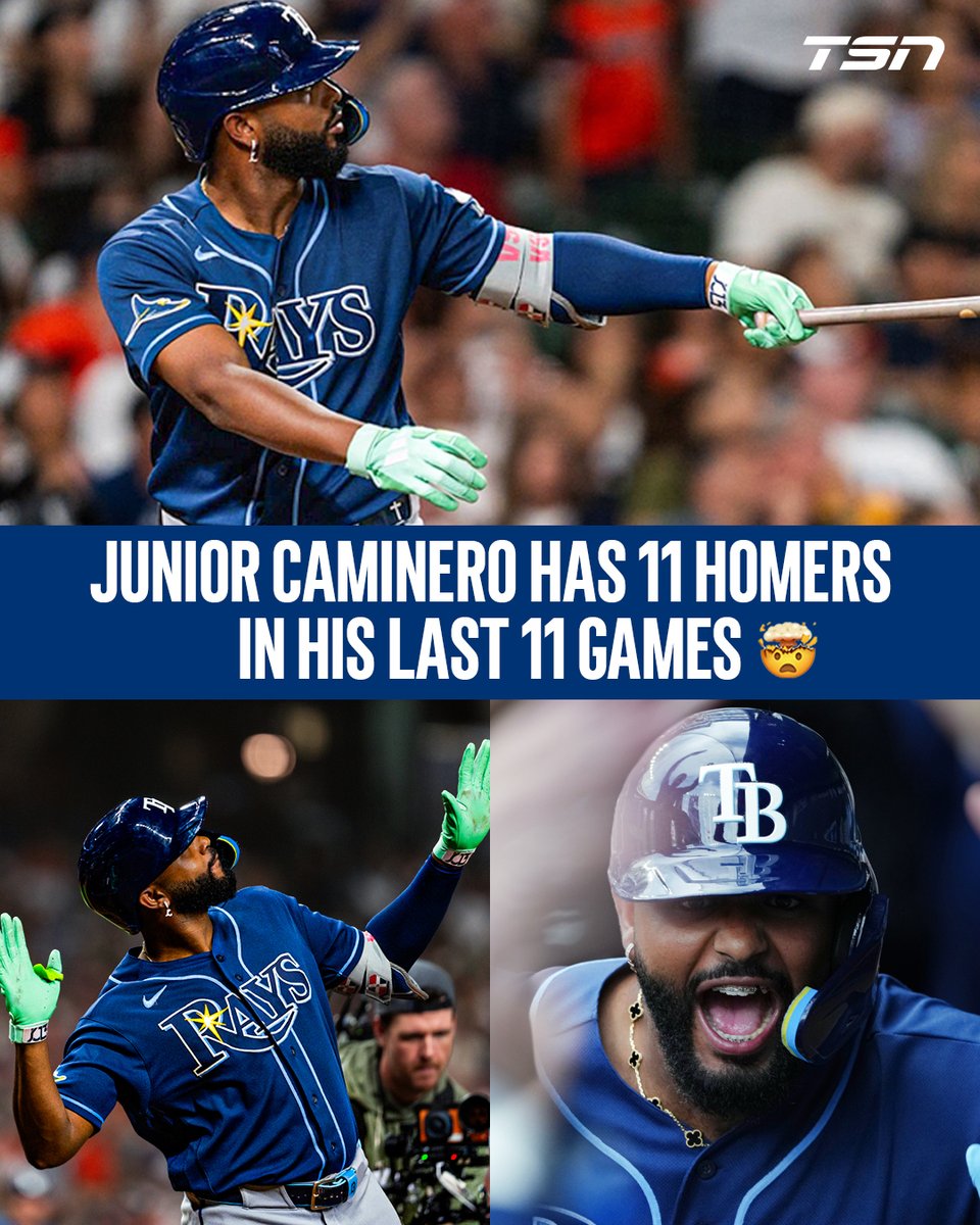 TSN_Sports's tweet photo. What Junior Caminero is doing right now is HISTORIC! 👀

The Rays' third baseman has homered 11 times in his last 11 games, becoming the first in franchise history to do so and the 12th player in MLB history.

#MLB https://t.co/x6KljP8P6k