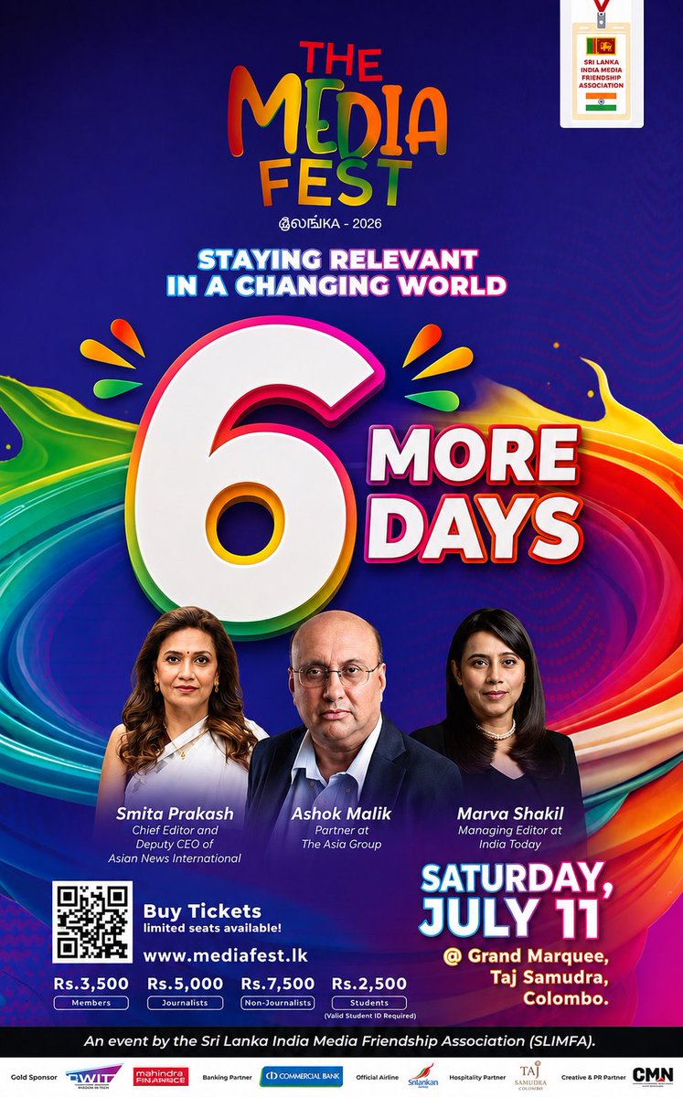 SLIMFA's tweet photo. Only 6 Days to Go!

Seats are filling fast! Book your ticket today.

📅 Saturday, 11 July 2026
📍 Grand Marquee, Taj Samudra, Colombo

🌐 Book now:
Online Tickets- https://t.co/L6x3HwFnlK

Pay by Bank - https://t.co/uKMmaHa0O8

Details- https://t.co/c9Gl5yalzV https://t.co/XJ4Yqhd4LL