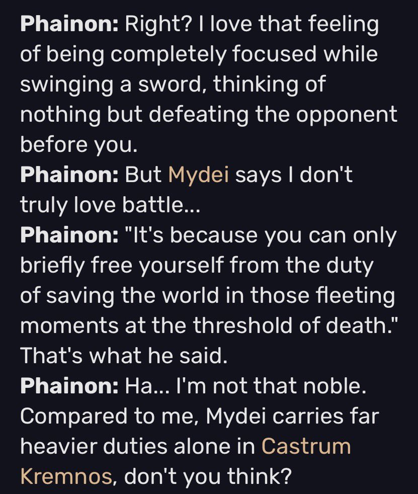 RealDawnie's tweet photo. Holy shit Mydei delivered the NASTIEST read on Phainon here. Good lord.

“Mydei says my love for hyper focusing on battle is escapism and my passively suicidal tendencies mean I should probably seek professional help but he’s just being silly! how abt I deflect instead!” https://t.co/6eqq7oSUnw