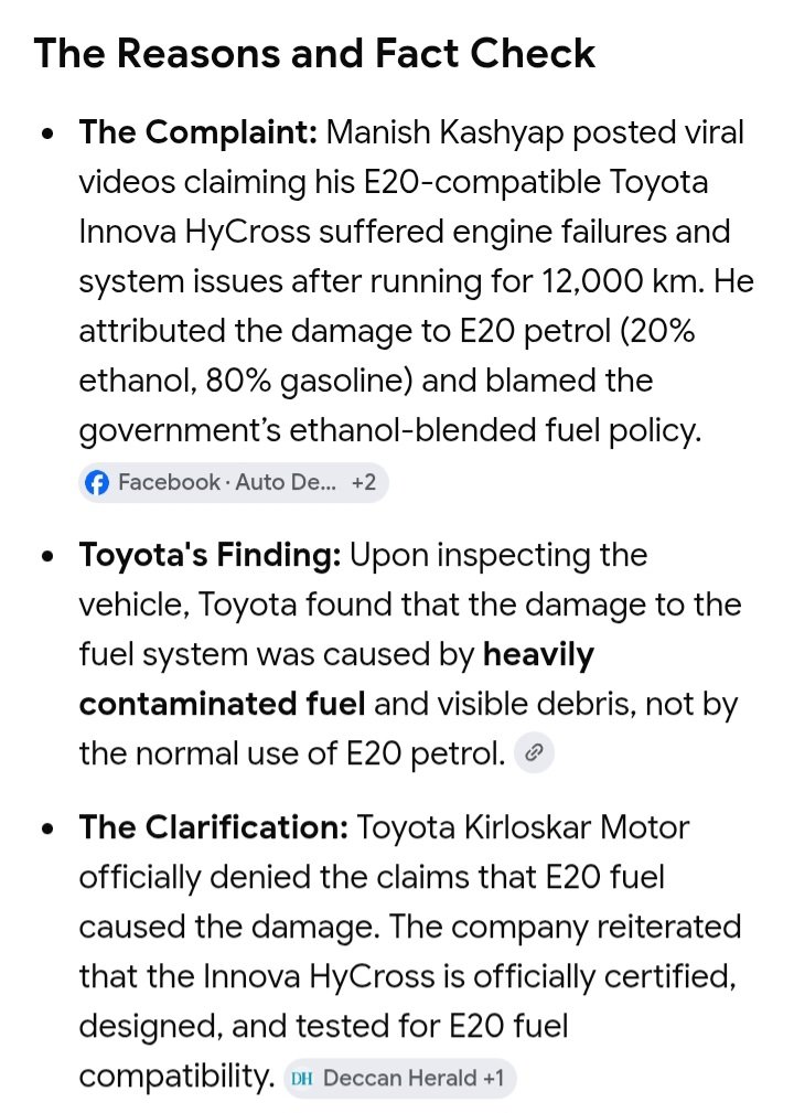 Satishp03's tweet photo. A fact check by Toyota India on the by now viral video of youtuber Manish Kashyap claiming that E20 blended fuel caused serious issues in his new Toyota Hycross vehicle. The denial by the manufacturer is comprehensive. Let's stop spreading baseless rumours. https://t.co/czds8Fo1oP