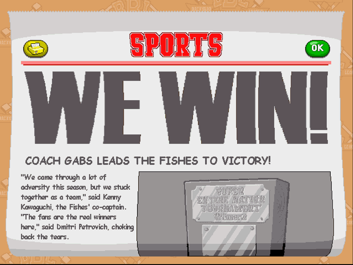 18k26_'s tweet photo. Vencemos, os Blue Fishes conquistaram o título do Super Entire Nation Tournament. Agora vamos em busca do suprassumo da BBL, o título do Ultra Grand Championship of the Universe. #backyardbaseball https://t.co/d0hAn37YdW