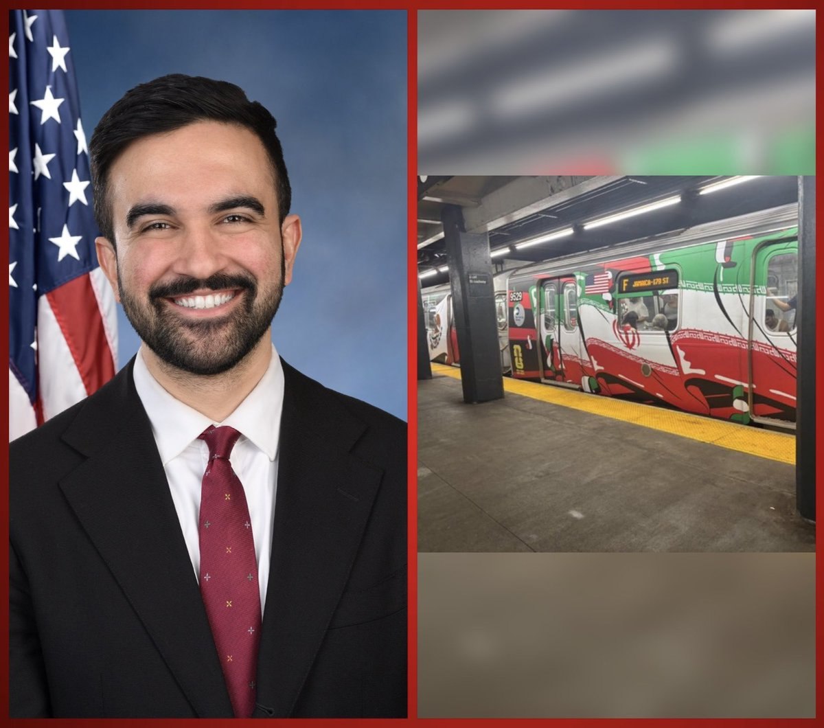 texan_maga's tweet photo. My husband said tonight that Trump's gonna make his move on these Islamo Communists 

Mamdani is now on notice 

President Trump will defeat the Communists 

Zohran Mamdani’s New York City is facing massive criticism after an MTA train was wrapped in the Iranian regime’s flag during America’s 250th birthday.