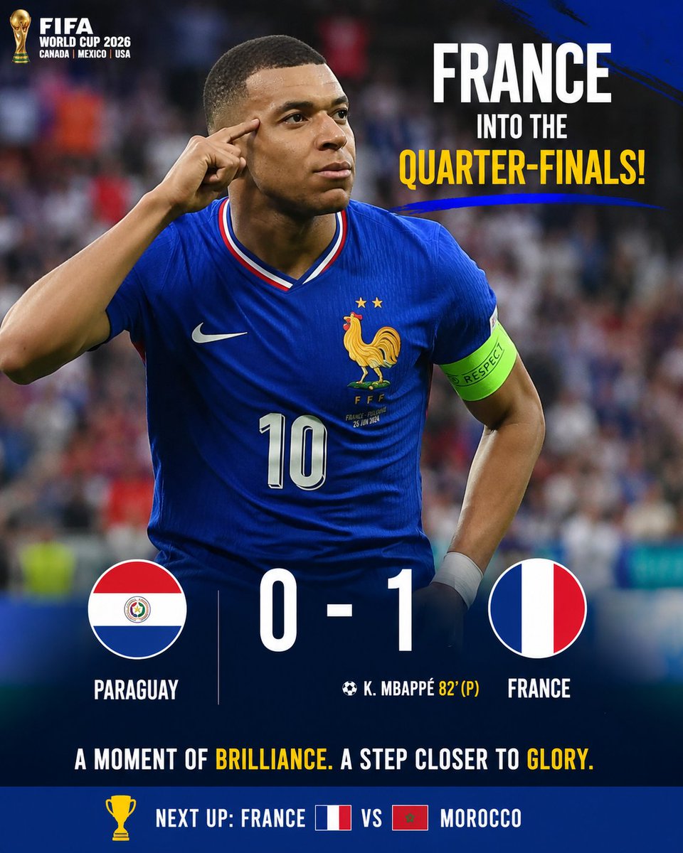 ERRajput_Rupesh's tweet photo. 🇫🇷 France are into the #FIFAWorldCup 2026 Quarter-finals! 🔥

A disciplined Paraguay pushed Les Bleus to the limit, but Kylian Mbappé held his nerve from the penalty spot to score the match-winner in a hard-fought 1-0 victory.

Next challenge: 🇫🇷 France 🆚 🇲🇦 Morocco.

Can Mbappé lead France all the way to another World Cup title? 👀🏆

#France #Mbappe #WorldCup2026