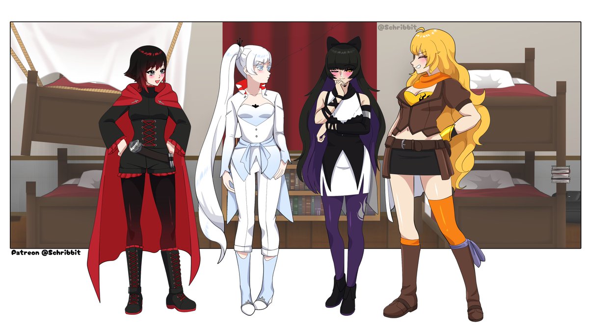 Schrwby's tweet photo. Team RWBY, Skirts vs Pants!
I tried to design the style they might wear back then!
#rwby #rwbyfanart https://t.co/qARSINP6T7