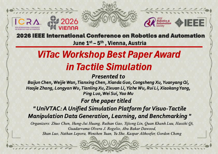 MarioChan2002's tweet photo. Several things deserve celebration:
1. Reached over 1,000 Google Scholar citations.
2. Received the Best Paper Award at the ICRA 2026 ViTAC Workshop.
3. The RoboTwin series has received over 500 citations, 2.5k GitHub stars, and over 600k Hugging Face downloads. https://t.co/JLf7hKw1x7
