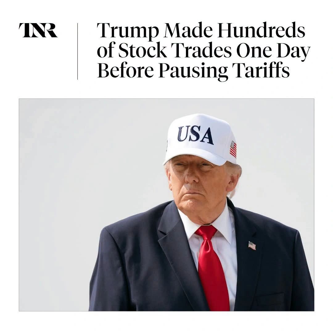 TheDemCoalition's tweet photo. CORRUPT AF: While the rest of the country struggles with a crippling affordability crisis, a close look at Trump’s latest financial disclosure reveals his get-rich-quick scheme using tariffs.

He made 327 individual stock purchases worth as much as $12.8M then paused his tariffs the next day. 

The S&P 500 went up by nearly 10% -- one of its largest one-day increases ever.

Read more here: https://t.co/Sc0isvXESC

#TrumpCrimeFamily

Read more here:
https://t.co/xtERr2aMLt