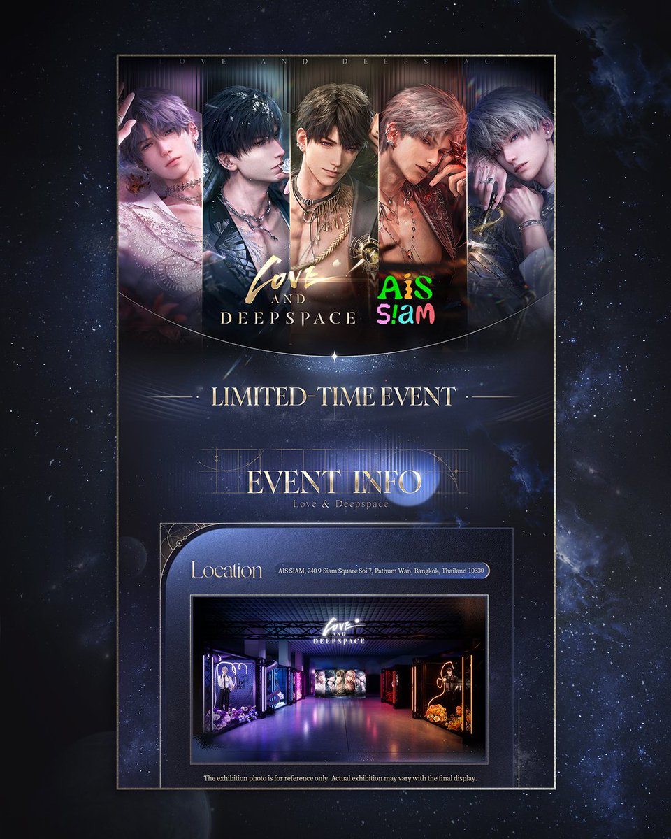 LadThailand's tweet photo. 💫 Love and Deepspace Limited-Time Event มาถึงกรุงเทพฯ ประเทศไทยแล้ว! 💫

กิจกรรมอย่างเป็นทางการครั้งแรกในไทย Love and Deepspace จับมือกับ AIS SIAM เพื่อมอบประสบการณ์ออฟไลน์ให้กับเหล่าฮันเตอร์ ทุกคนพร้อมหรือยัง? 💖

🗓️ 10 – 19 กรกฎาคม 2026

เวลากิจกรรม 10:00 - 19:30 น., ผู้เข้าชมชุดสุดท้าย 19:00 น.

 💫 แวะมาเยี่ยมชม AIS SIAM และสัมผัสพื้นที่จัดแสดงของหนุ่ม ๆ ในเกม
 💫 ถ่ายภาพร่วมกับสแตนดี้ของเหล่าหนุ่ม ๆ พร้อมเก็บความทรงจำสุดประทับใจ
 💫 แชร์ภาพของคุณลงโซเชียลมีเดีย พร้อมติดแฮชแท็ก #LADSxAISSIAM

แล้วพบกันที่ AIS SIAM! 💚

↓↓↓ ดูรายละเอียดกิจกรรมและกติกาได้จากภาพด้านล่าง ↓↓↓

#LoveandDeepspace #lndsea #LADSxAISSIAM #AISSIAM