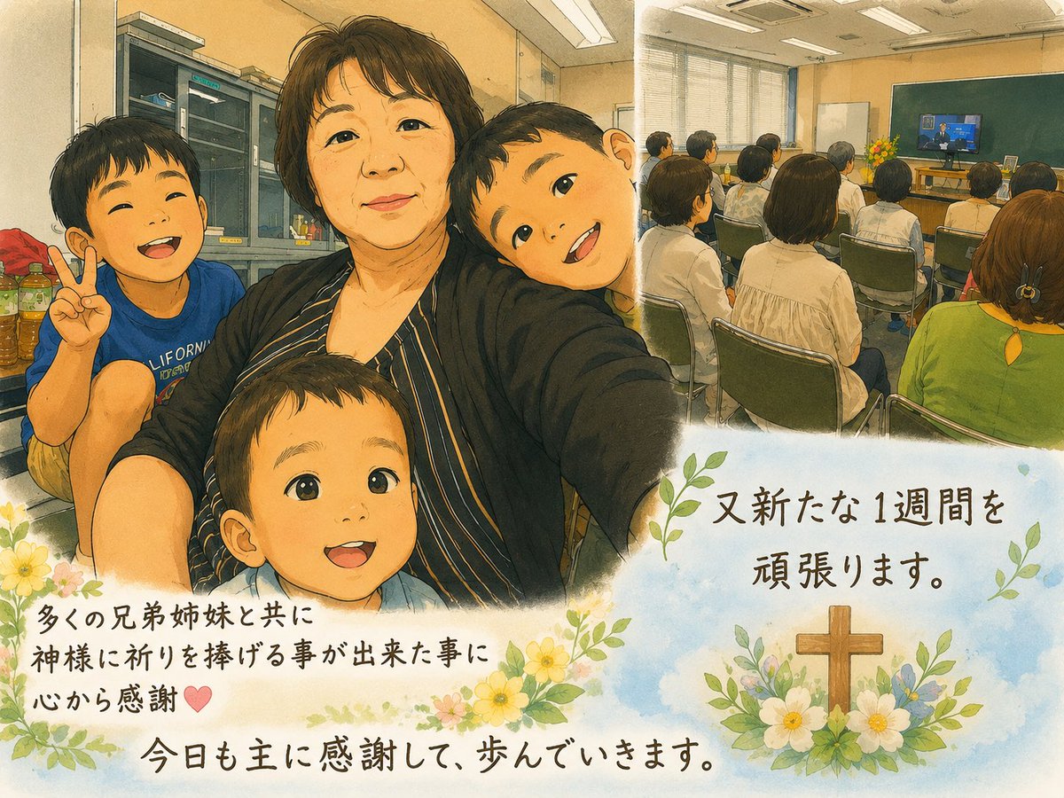ffNXQ5Xwyd56823's tweet photo. 🌸今日は孫3人と一緒に日曜礼拝に参加しました。
　兄弟姉妹と心を合わせて神様
真の御父母様に祈りを捧げ、沢山の恵みと平安を頂いた事に
心から感謝します。家族と共に礼拝を守れる事は大きな祝福です。新しい1週間も愛と希望を持って歩み又お母様のご聖体が守られます様に祈り歩みます。 https://t.co/7FCxnVhqjq