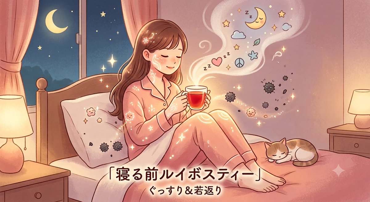 takuyasensei's tweet photo. 「寝る前ルイボスティー」には嬉しい効果がたくさん。

・カフェインゼロで睡眠に悪影響0
・マグネシウムが夜の不安を改善
・「SOD様酵素」が体内のサビ＝活性酸素を除去！寝てる間にアンチエイジング促進

温かいルイボスティーをゆったり一杯。
「ぐっすり＆若返り」で素敵な夜をね。 https://t.co/K0nvIeHWx7