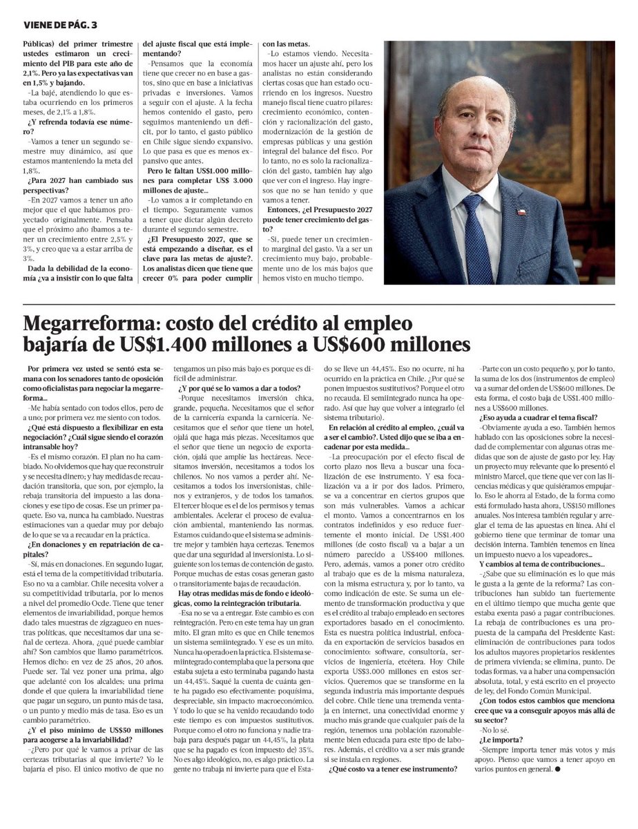 matiasacevedof's tweet photo. Recomiendo la entrevista del ministro Quiroz en @Pulso_LT 👇
Tras la corrección de la trayectoria de la deuda, era esperable que @Min_Hacienda buscara moderar el impacto fiscal del proyecto. Pero había que esperar la discusión en particular en el Senado, y todo indica que ese será el camino.
Lejos de desnaturalizar el proyecto, estos ajustes fortalecen su viabilidad y no alteran en un ápice su objetivo final.
La ciudadanía está pidiendo con urgencia medidas que impulsen el crecimiento y la creación de empleo. Por eso, espero que el socialismo democrático respalde aquellas indicaciones que recojan parte de las propuestas que le hemos escuchado a la senadora @pvodanovic y al ex senador PPD @lagosweber.