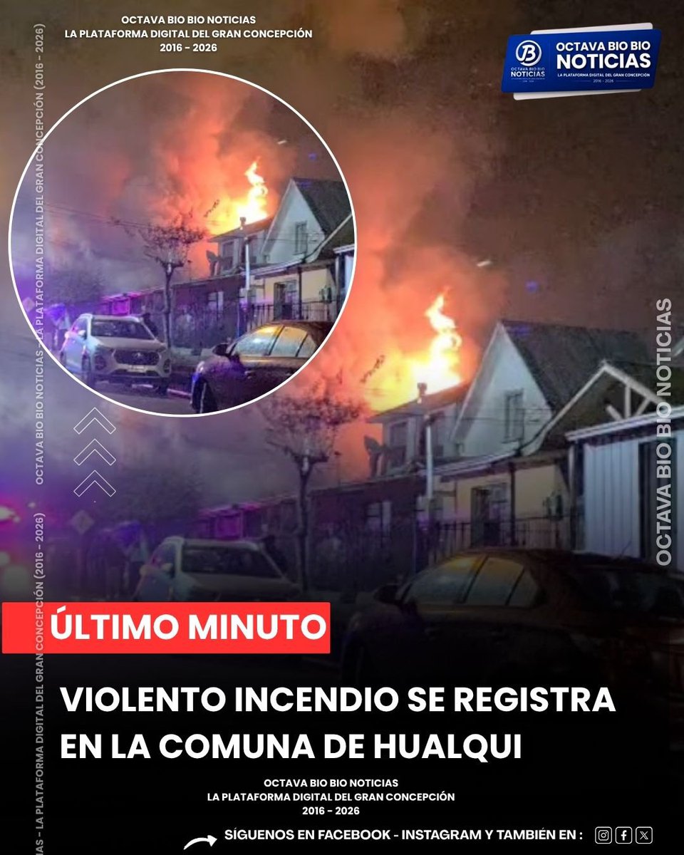 OctavaBioBio's tweet photo. 🔴 ÚLTIMO MINUTO | VIOLENTO INCENDIO AFECTA A VIVIENDA EN LA COMUNA DE HUALQUI 

El siniestro ocurre a esta hora en calle Onas con Los Changos, unidades de emergencia trabajan en el lugar. #OCTAVABIOBIO #AHORA #LO_ULTIMO 

#EN_DESARROLLO https://t.co/wRzSQWYnq9