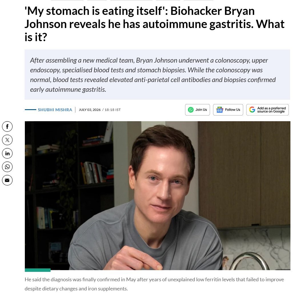 Eaaaw's tweet photo. มีข่าวว่า "ไบรอัน จอห์นสัน (Bryan Johnson)" ป่วยเป็นโรคภูมิคุ้มกันทำลายกระเพาะอาหารเรื้อรัง (Autoimmune Gastritis - AIG)

โรคนี้ในปัจจุบันยังไม่มีวิธีรักษาให้หายขาด โดยเกิดจากระบบภูมิคุ้มกันของร่างกายเข้าใจผิดและโจมตีเซลล์เยื่อบุกระเพาะอาหารของตัวเอง ทำให้กระเพาะอาหารค่อย ๆ เสื่อมลง อาจส่งผลให้ดูดซึมวิตามินบี 12 และธาตุเหล็กได้ไม่ดี รวมถึงเพิ่มความเสี่ยงต่อโรคแทรกซ้อนบางอย่างในระยะยาว

สิ่งที่ทำให้ข่าวนี้น่าสนใจคือ
ไบรอัน จอห์นสัน เป็นมหาเศรษฐีชาวอเมริกันที่โด่งดังจากโครงการ Blueprint ซึ่งทุ่มเงินราว 2 ล้านดอลลาร์สหรัฐต่อปี เพื่อดูแลสุขภาพและชะลอความแก่ โดยมีเป้าหมายให้ร่างกายมีอายุชีวภาพอ่อนกว่าวัย และยืดอายุให้ยาวนานที่สุด

เขาดูแลตัวเองอย่างเข้มงวด เช่น
ตรวจสุขภาพกับทีมแพทย์ผู้เชี่ยวชาญเป็นประจำ
ใช้อุปกรณ์ติดตามข้อมูลสุขภาพตลอดเวลา
วัดตัวชี้วัดทางสุขภาพหลายร้อยรายการทุกวัน
ควบคุมอาหารอย่างละเอียด
ออกกำลังกายตามโปรแกรมเฉพาะ
ตรวจเลือดทุก 3–6 เดือน
ตรวจ MRI ทั้งร่างกาย
ตรวจฟันทุก 6 เดือน
ตรวจตาทุกปี
ตรวจไฝและความผิดปกติของผิวหนังทุกปี
และมีการตรวจติดตามสุขภาพอีกหลายด้านอย่างต่อเนื่อง
เขาเคยกล่าวว่าตนเองอาจเป็นหนึ่งในคนวัย 48 ปีที่มีสุขภาพดีที่สุดในโลก และมีเป้าหมายที่จะยืดอายุให้นานที่สุดเท่าที่วิทยาศาสตร์จะทำได้
อย่างไรก็ตาม แม้จะดูแลสุขภาพอย่างละเอียดและลงทุนมหาศาล เขาก็ยังตรวจพบโรคภูมิคุ้มกันทำลายกระเพาะอาหารเรื้อรัง ซึ่งสะท้อนให้เห็นว่า การดูแลสุขภาพช่วยลดความเสี่ยงของโรคได้หลายอย่าง แต่ไม่สามารถป้องกันโรคได้ทุกชนิด โดยเฉพาะโรคที่เกี่ยวข้องกับระบบภูมิคุ้มกันหรือพันธุกรรม

ดังนั้นการใช้ชีวิตอย่างมีสุขภาพดีจึงเป็นการลดความเสี่ยงและเพิ่มโอกาสมีสุขภาพที่ดีเท่านั้น แต่ไม่ได้เป็นการรับประกันว่าจะไม่เกิดโรคเลย

นี่เลยเป็นสาเหตุที่แม้แต่คนที่ดูแลสุขภาพเป็นอย่างดีก็ต้องทำประกันสุขภาพเอาไว้