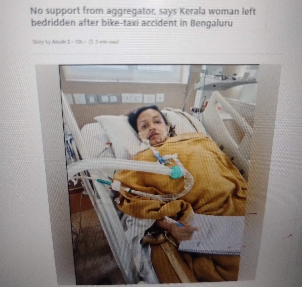 vikram44398552's tweet photo. Kerala woman left bedridden after a Bengaluru bike‑taxi crash — and @rapidoapp_ aggregator says no support. This is unacceptable. Hospitals, authorities, and the company must ensure medical care &amp; compensation now. #Bengaluru #RoadSafety #Rapido #BikeTaxi #JusticeForVictim https://t.co/1AN4n7S1zs
