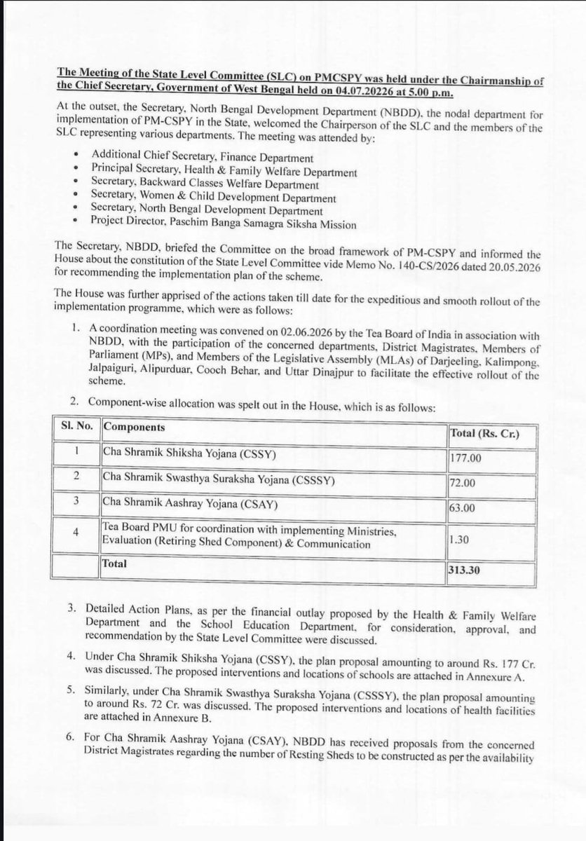 SuvenduWB's tweet photo. We are committed to the comprehensive welfare, development of health and educational parameters of our hardworking Tea Garden Workers of North Bengal.
To ensure expeditious and smooth progress, our State Level Committee recently finalized the implementation plan for the 'Pradhan Mantri Cha Shramik Protsahan Yojana' (PMCSPY) scheme. With a total financial allocation of ₹313.30 Crores, we are bringing transformative changes to the lives of our 'Cha Shramiks'.

Here are the key components of this major initiative:-
📚 Cha Shramik Shiksha Yojana (CSSY): An allocation of ₹177 Crores to boost educational infrastructure and quality interventions for the families of Tea Workers.

 🏥 Cha Shramik Swasthya Suraksha Yojana (CSSSY): A ₹72 Crore investment to upgrade health facilities and ensure robust medical services in our Tea Garden areas.

🏡 Cha Shramik Aashray Yojana (CSAY): ₹63 Crores dedicated to building 321 Resting Sheds (88 in the hills and 233 in the plains). These sheds will be equipped with modern, dignified amenities including off-grid solar power, clean drinking water, comfortable seating arrangements and hygienic ceramic-floored toilets.

The North Bengal Development Department (NBDD) would be leading this effort as the executing agency and will work closely with the Health Department, the Paschim Banga Samagra Siksha Mission and District Administrations to roll this out smoothly. 
Our Government remains steadfast in its dedication to the prosperity and well-being of the Tea Garden Workers.