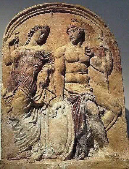 AncientHistorry's tweet photo. GOD ARES AND GODDESS APHRODITE.

200 BC

ANTEFIX

ATHENS MUSEUM

This is a depiction known as the twenty-fifth day of Pyanepsion.

This is a sacred day.

It is a day in which the God of War, Ares, is honored.

Antefix is ​​the name given to the decorative caps for the ends of tiles located on the edge of a roof.

This example, showing the Goddess Aphrodite and the God Ares, holds a significant portion of its painted surface.