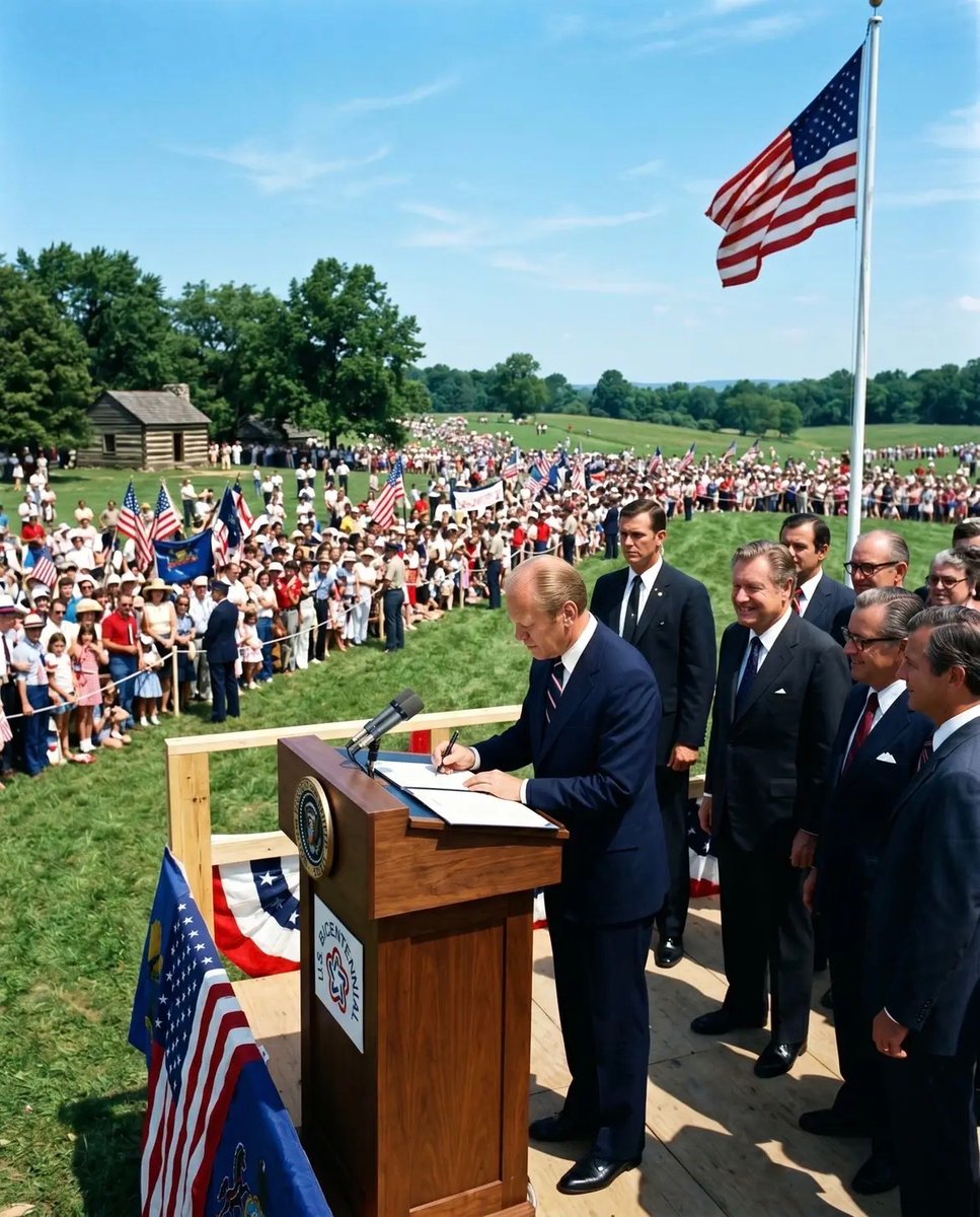 TammiMinoski's tweet photo. #OTD 1976: President #GeraldFord traveled to #ValleyForge, Pennsylvania - the ground where Washington's Continental Army had nearly broken in the winter of 1777-78 - and signed legislation establishing it as a National Historical Park. #July4th https://t.co/fAzKMktjUE